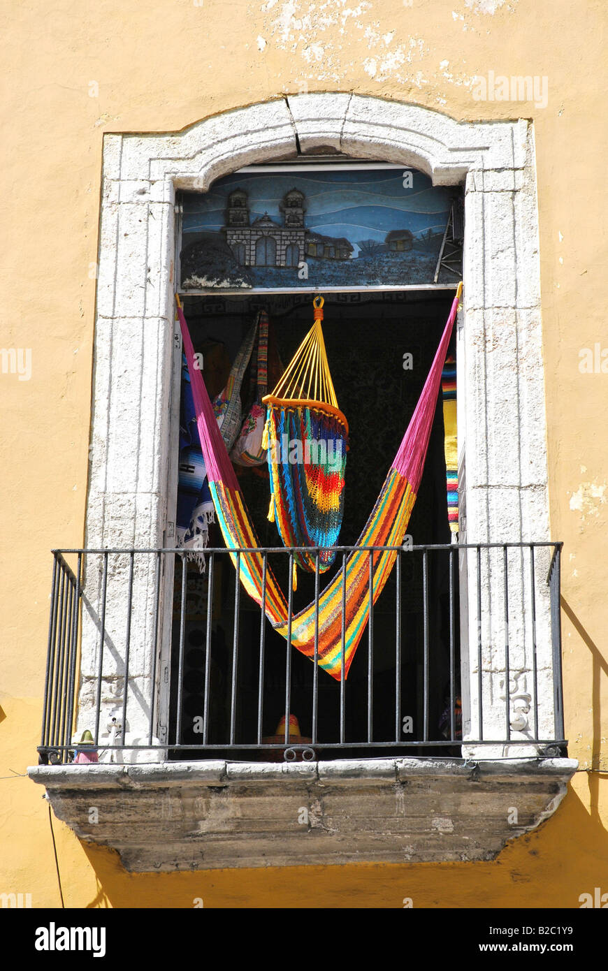 Colourful hammock on a balcony, Merida, Yucatan, Mexico, Central America Stock Photo