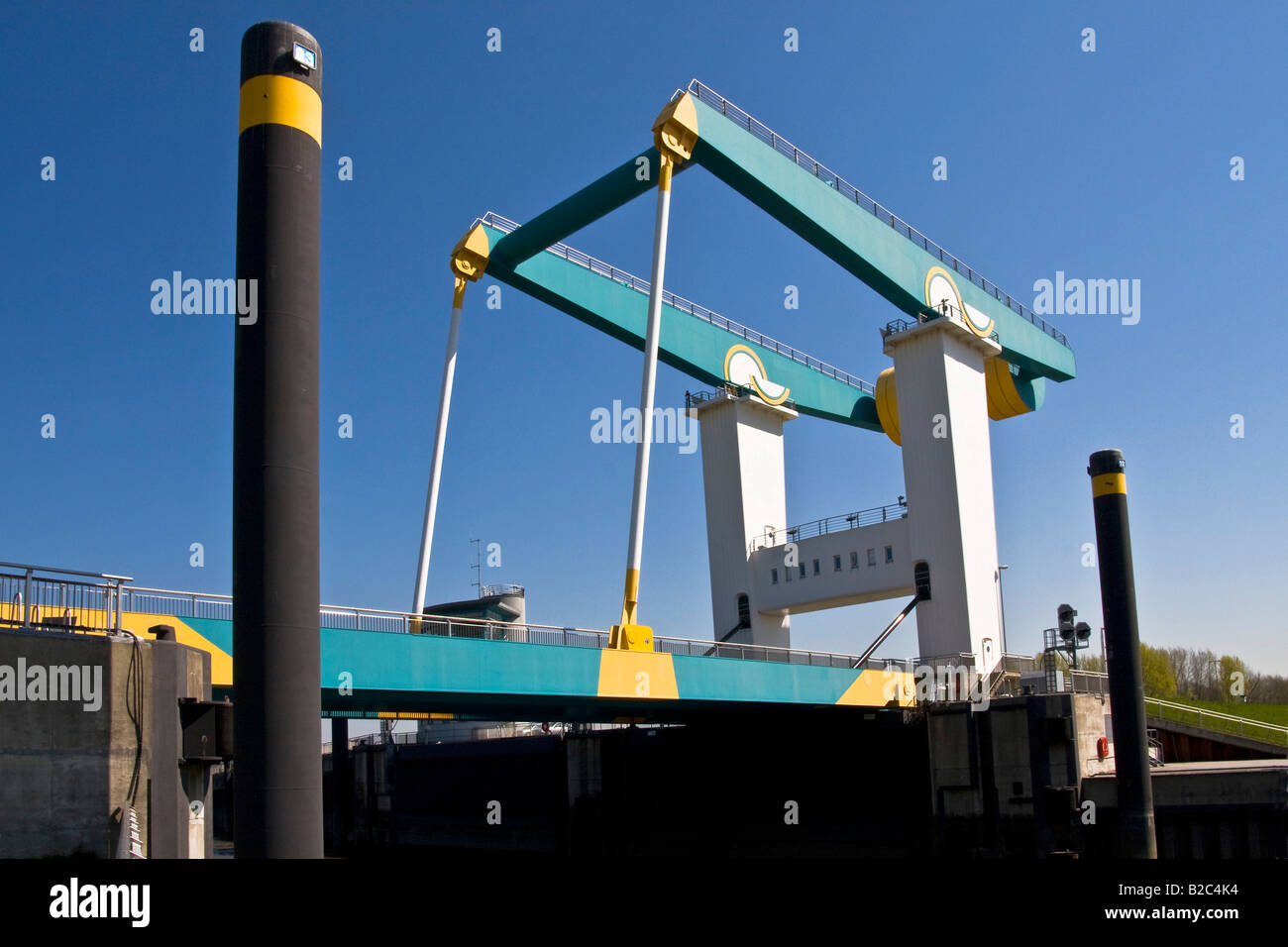 Bridge at the mouth of the Este river on the Elbe, bascule bridge by the Este flood barrier, Cranz, Altes Land, Hamburg Stock Photo