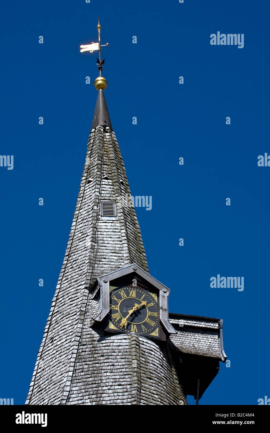 Wood-shingled steeple with clock, historic St. Martini Church, Estebruegge, Altes Land, Lower Saxony, Germany, Europe Stock Photo