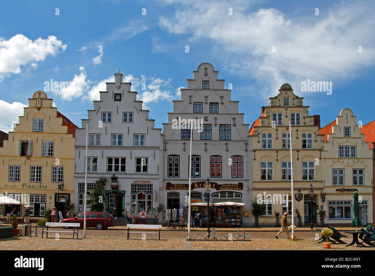 Historic houses at the market square of Friedrichsstadt, crow-stepped gable houses, Dutch stores, Friedrichstadt Stock Photo