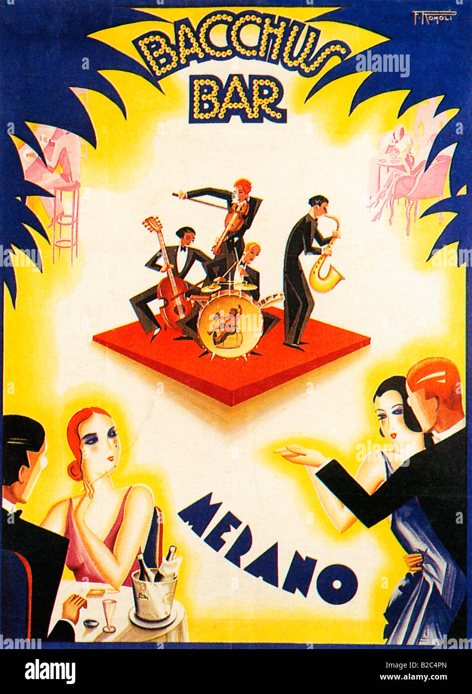 Bacchus Bar 1930 Art Deco poster for a bar in the Italian Alpine spa resort of Merano jazz band playing Stock Photo