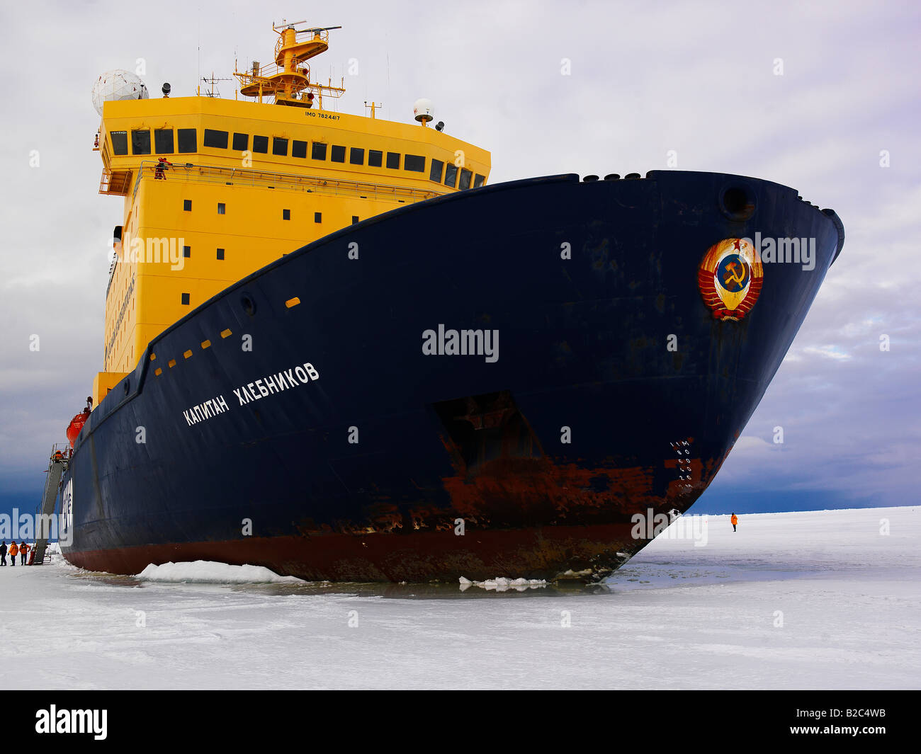 The Captain Khlebnikov icebreaker moored in ocean ice in McMurdo Sound, Antarctica Stock Photo