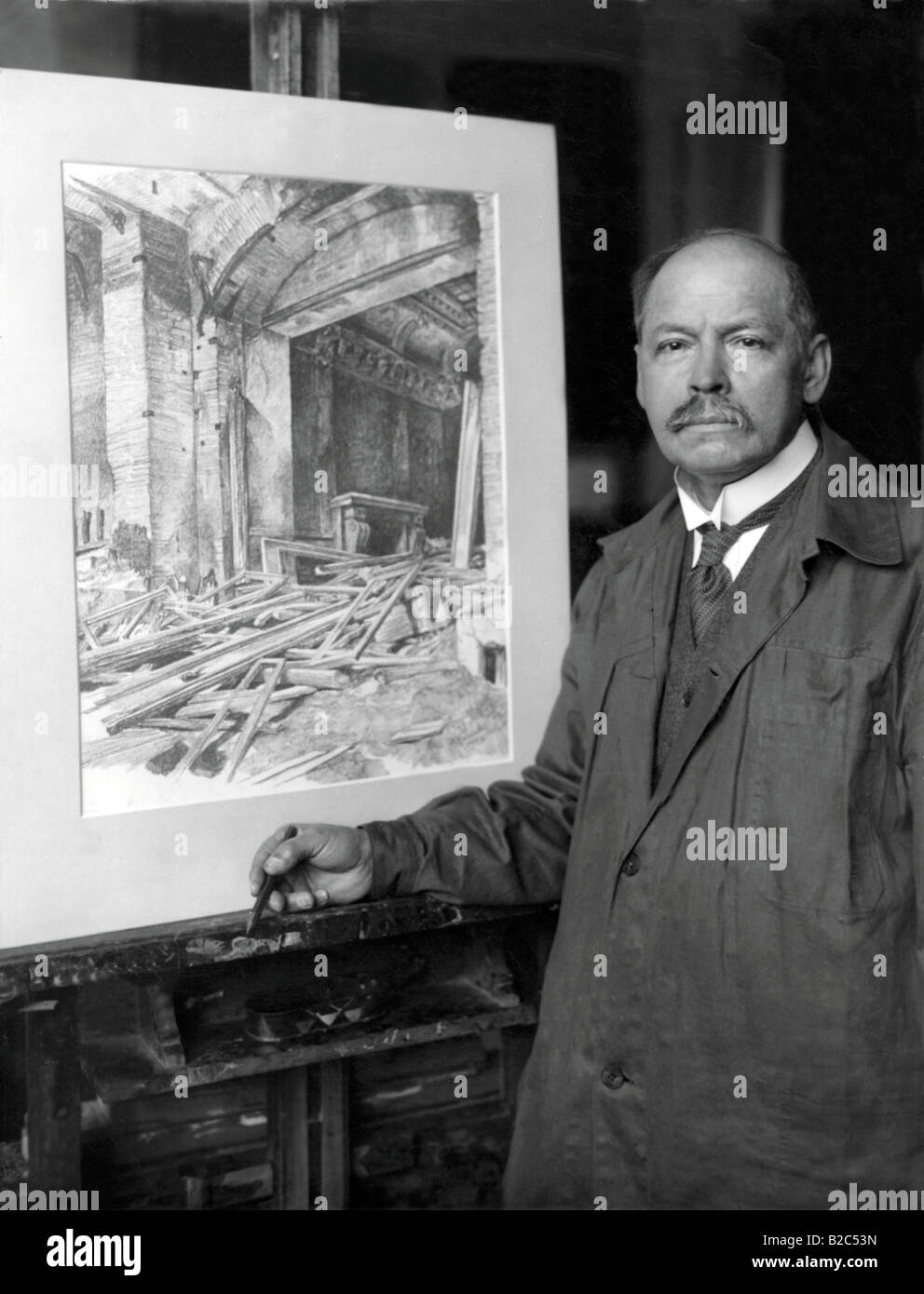 Artist drawing the burnt out Reichstag building, historical photo, circa 1930 Stock Photo