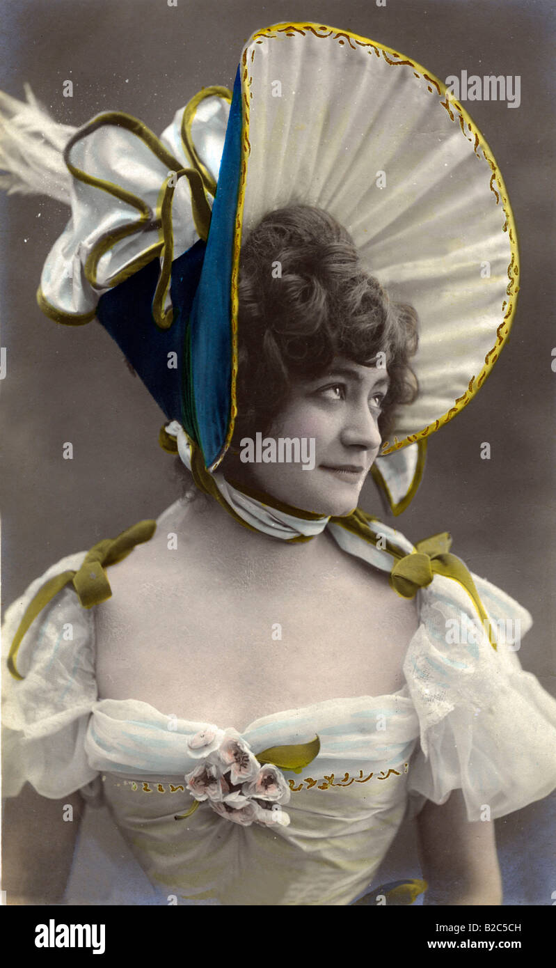 Woman wearing a funny dress with funny head-covering, historical photo, circa 1900 Stock Photo