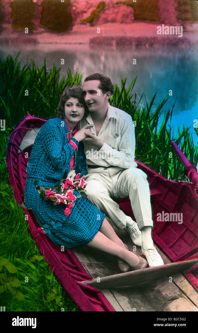 Courting couple in a boat, historical photo, circa 1930 Stock Photo