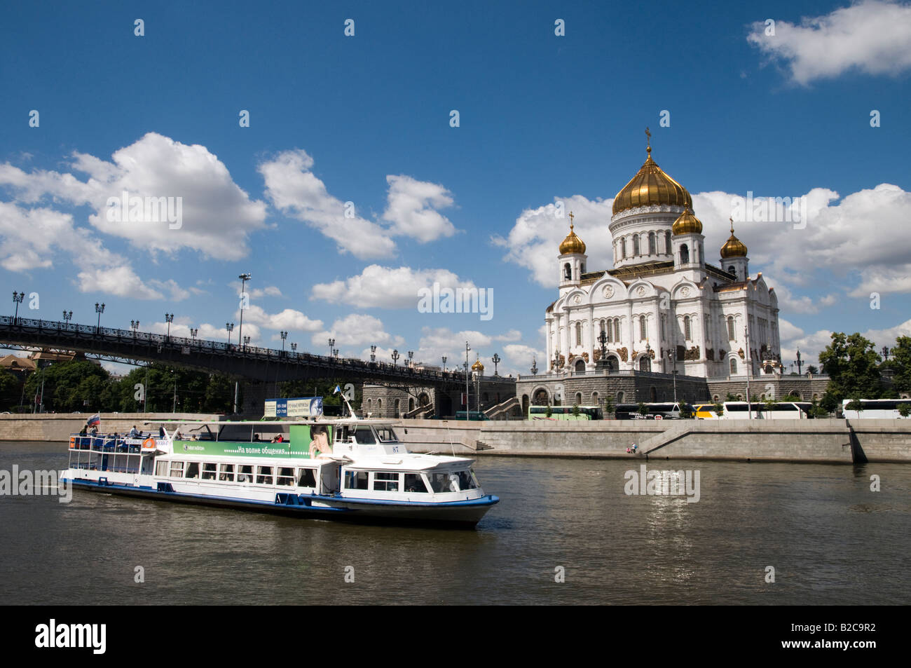 Boat ride on the Moskva river past the Cathedral of Christ the Saviour Moscow Russia Stock Photo