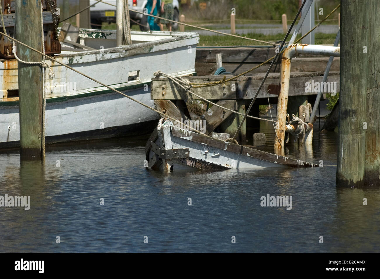 boat sunk at its mooring Apalachicola Florida Stock Photo Alamy