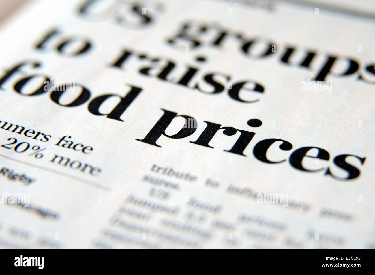 Photograph of newspaper headline about the credit crunch and economic downturn and recession leading to rising food prices in UK Stock Photo