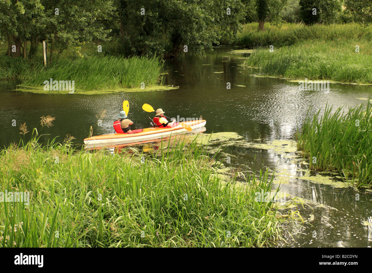 Two canoeists paddle out into a tranquil pool surrounded by trees Stock Photo