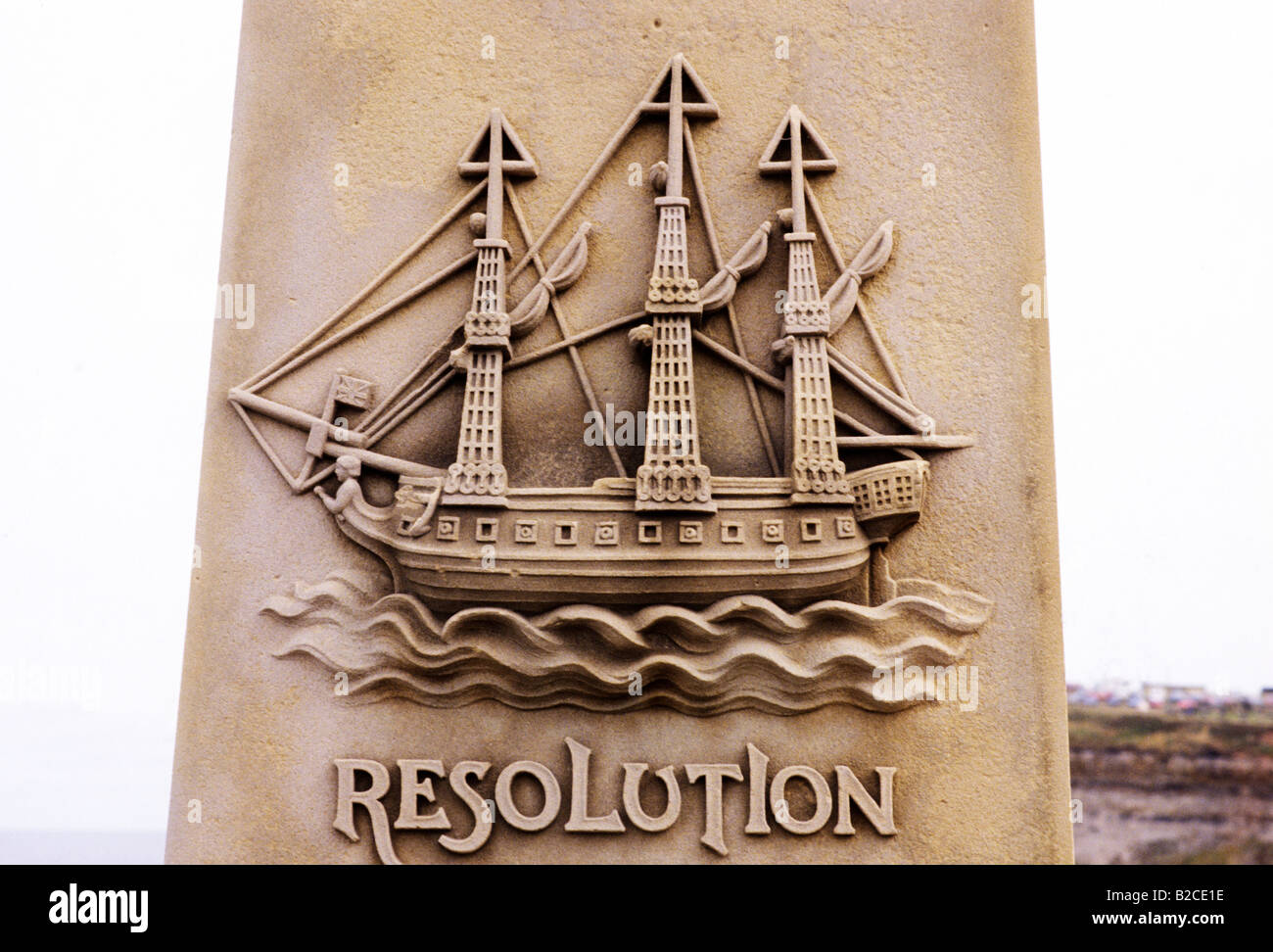 Whitby Captain James Cook Monument HMS Resolution sailing ship explorer Yorkshire England UK Stock Photo
