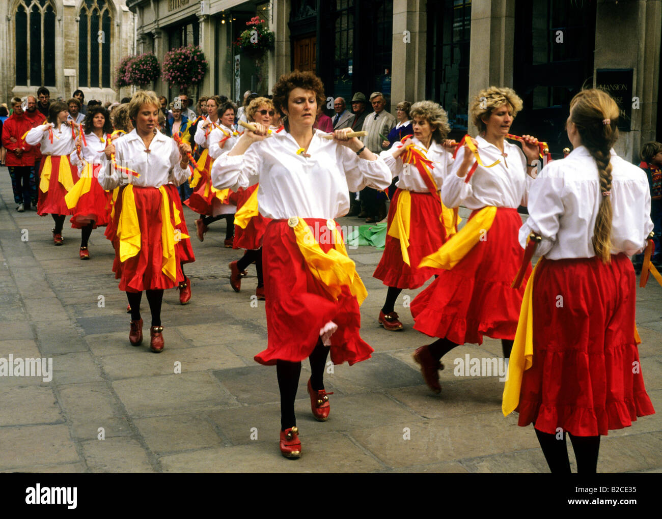 Women Ladies clog dancing dance red skirts York street dance entertainment performers Yorkshire England English tradition Stock Photo