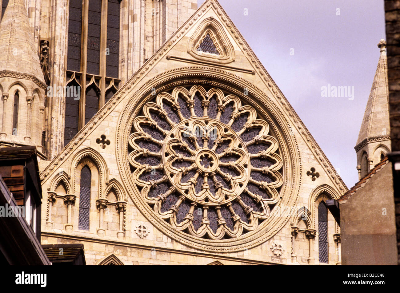 York Minster south transept rose window rebuilt after fire English medieval Cathedral England UK Yorkshire travel tourism Stock Photo