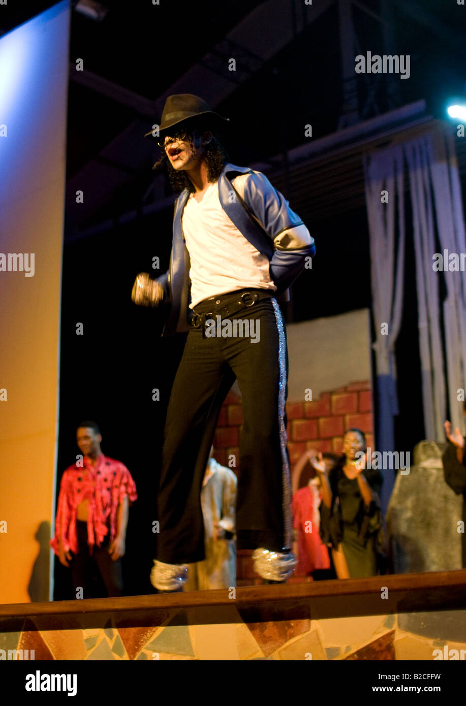 Caribbean Dominican Republic Barcelo Punta Cana all inclusive resort Michael Jackson impersonator dancing on stage at resort Stock Photo