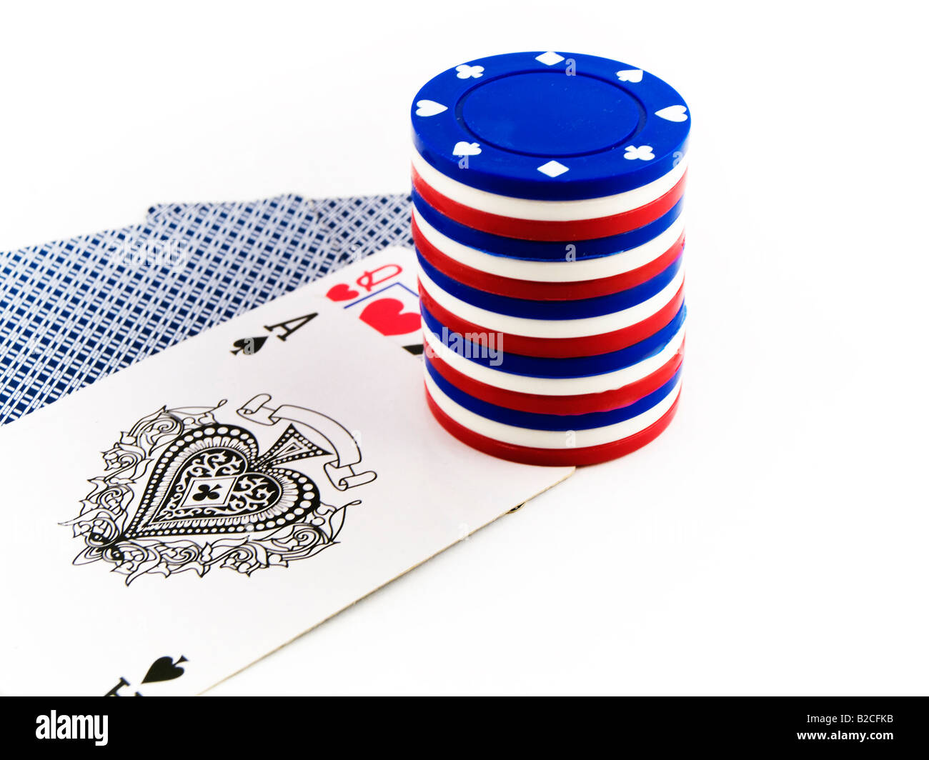 Red White and Blue Poker Chips on Playing Cards Stock Photo Alamy