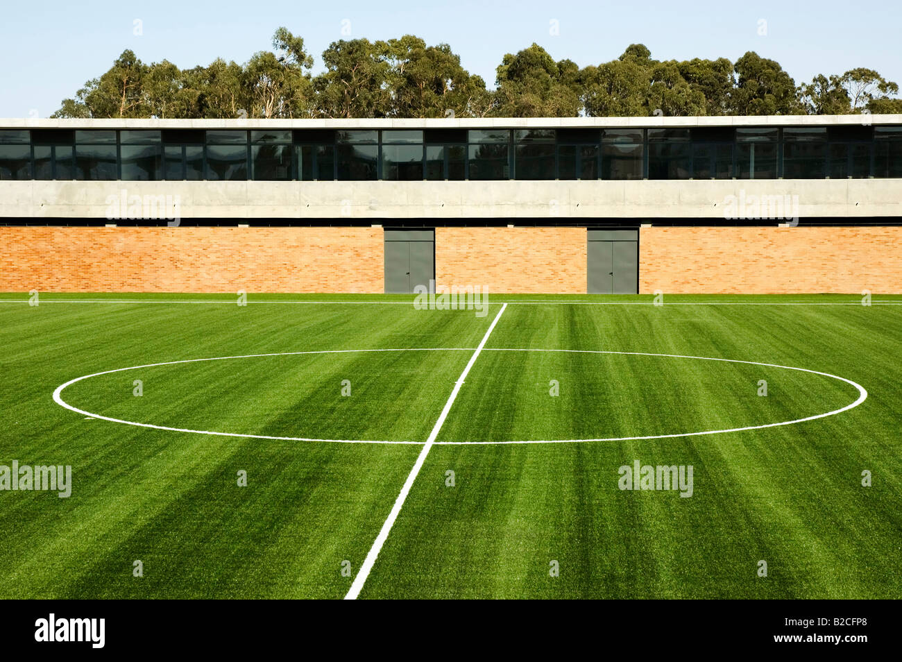 Midfield line of an empty soccer stadium Stock Photo Alamy