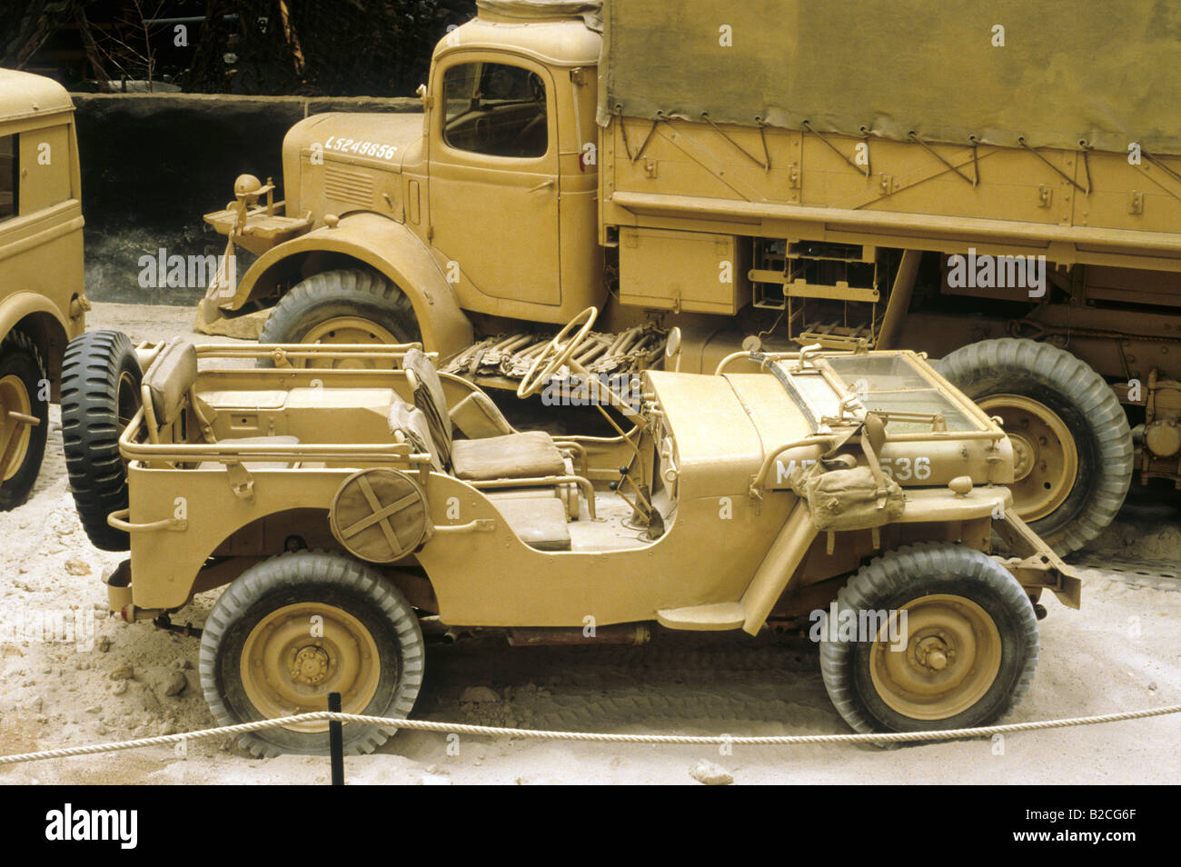 2nd World War British Army venicles camouflage desert trucks sand military transport jeep late of Beverley Museum Army Transport Stock Photo