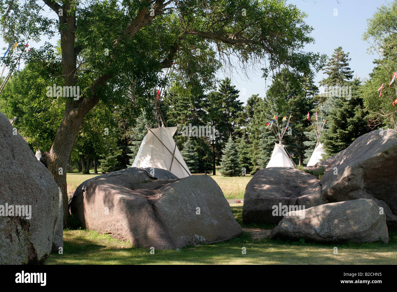 The Three Maidens large bolders now used as Hiawatha Pagent Stage backdrop - Pipestone, Minnesota Stock Photo