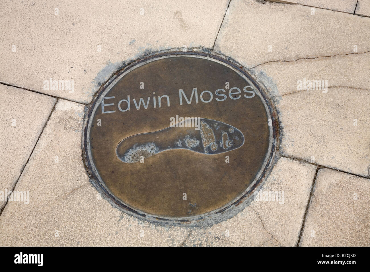 Edwin Moses footprints at the Olympic Stadium Barcelona Spain May 2008 Stock Photo
