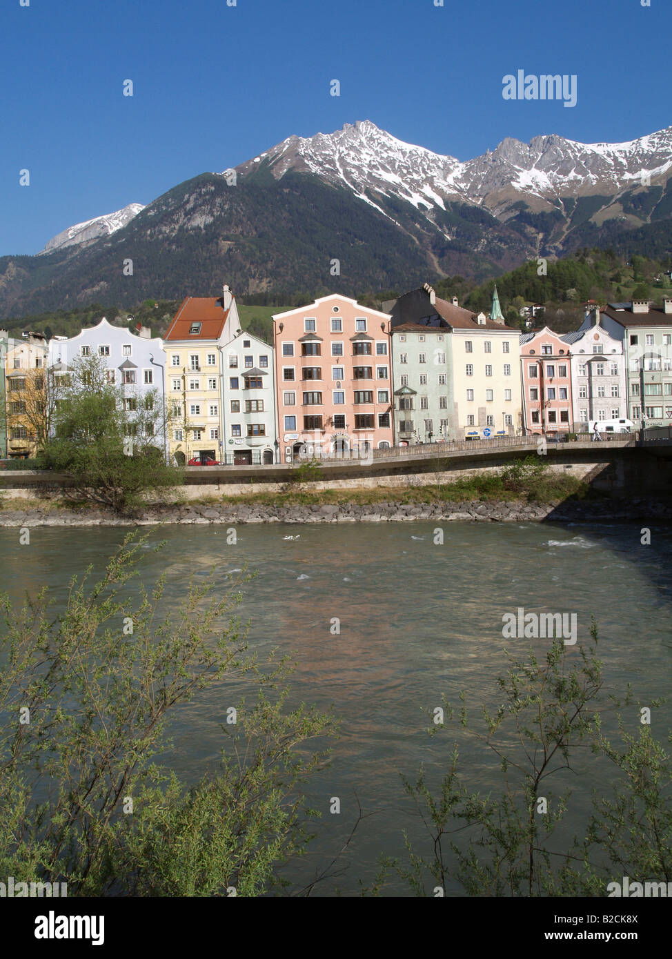 Innsbruck, old city center, mountain Nordkette, river Inn Stock Photo