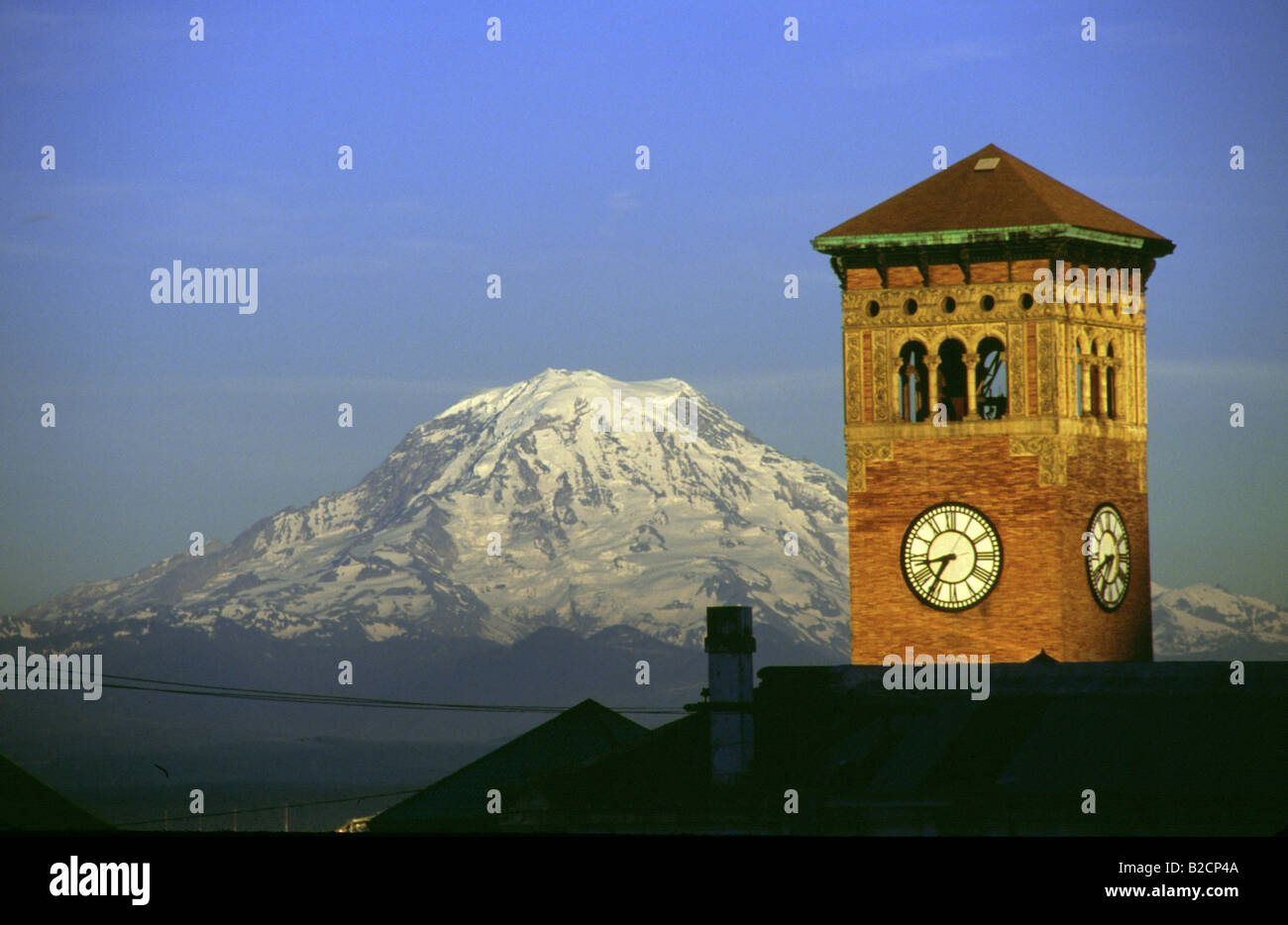 Rainier Clocktower Mt. Rainier and a Historic Building in Tacoma Washington Old City Hall Stock Photo