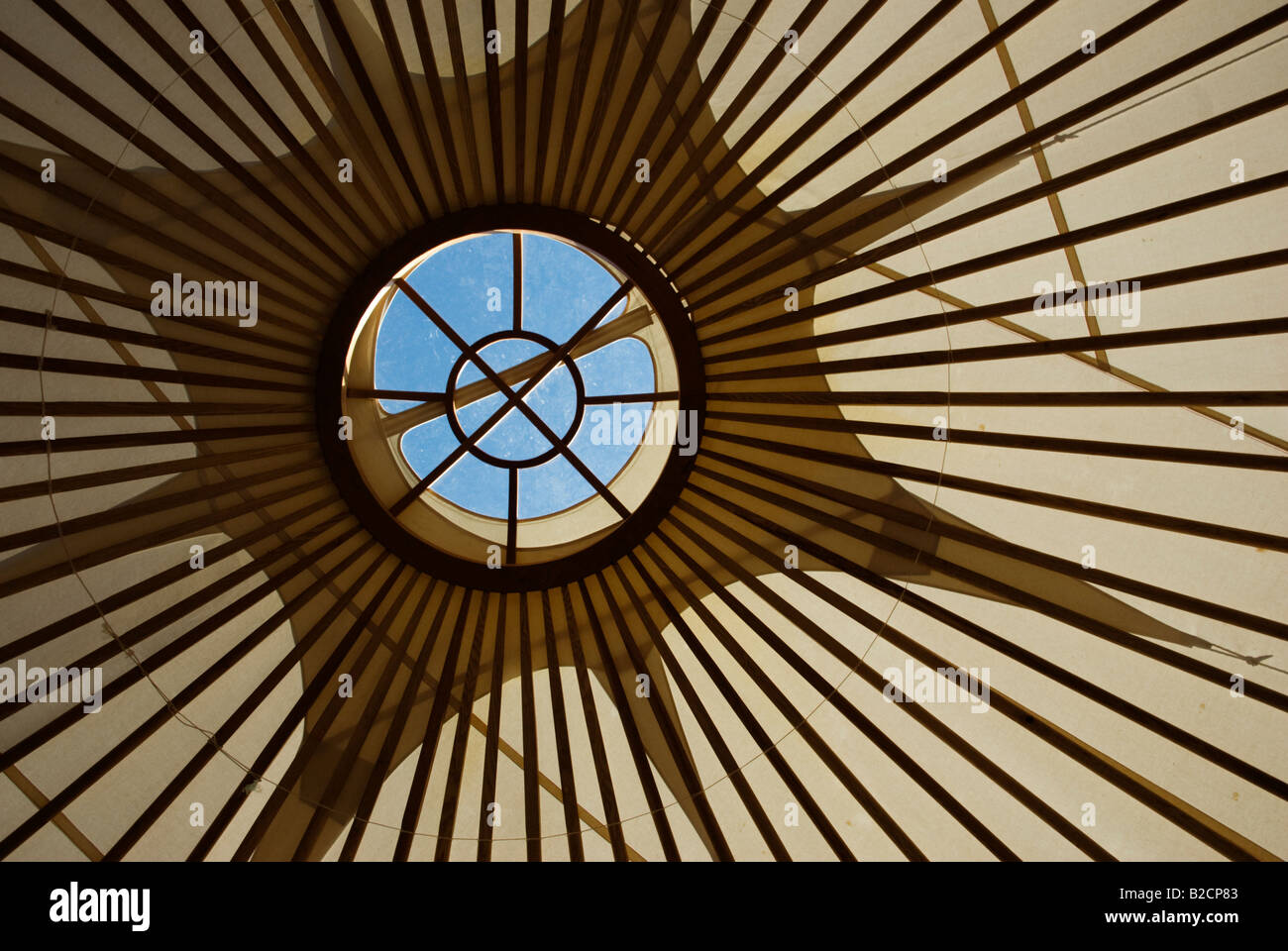 Inside a yurt looking up towards sky Stock Photo
