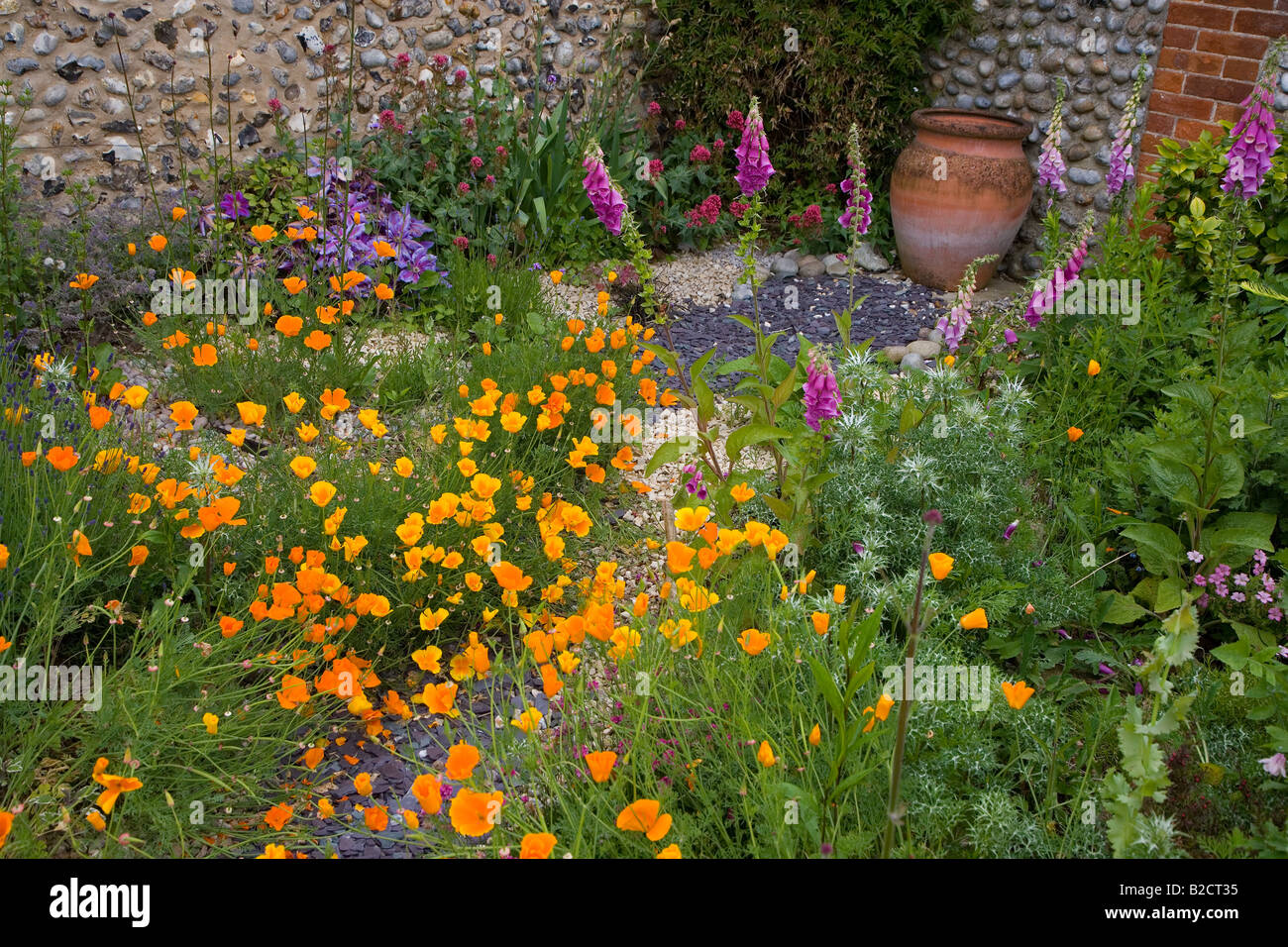 Norfolk flint Cottage with traditional garden Stock Photo