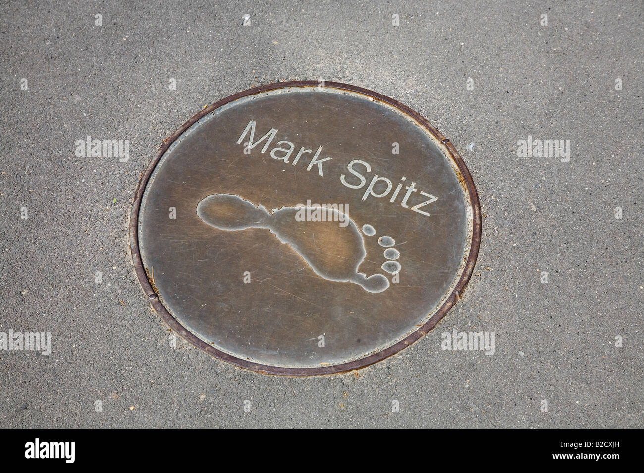 Mark Spitz footprints at the Olympic Stadium Barcelona Spain May 2008 Stock Photo