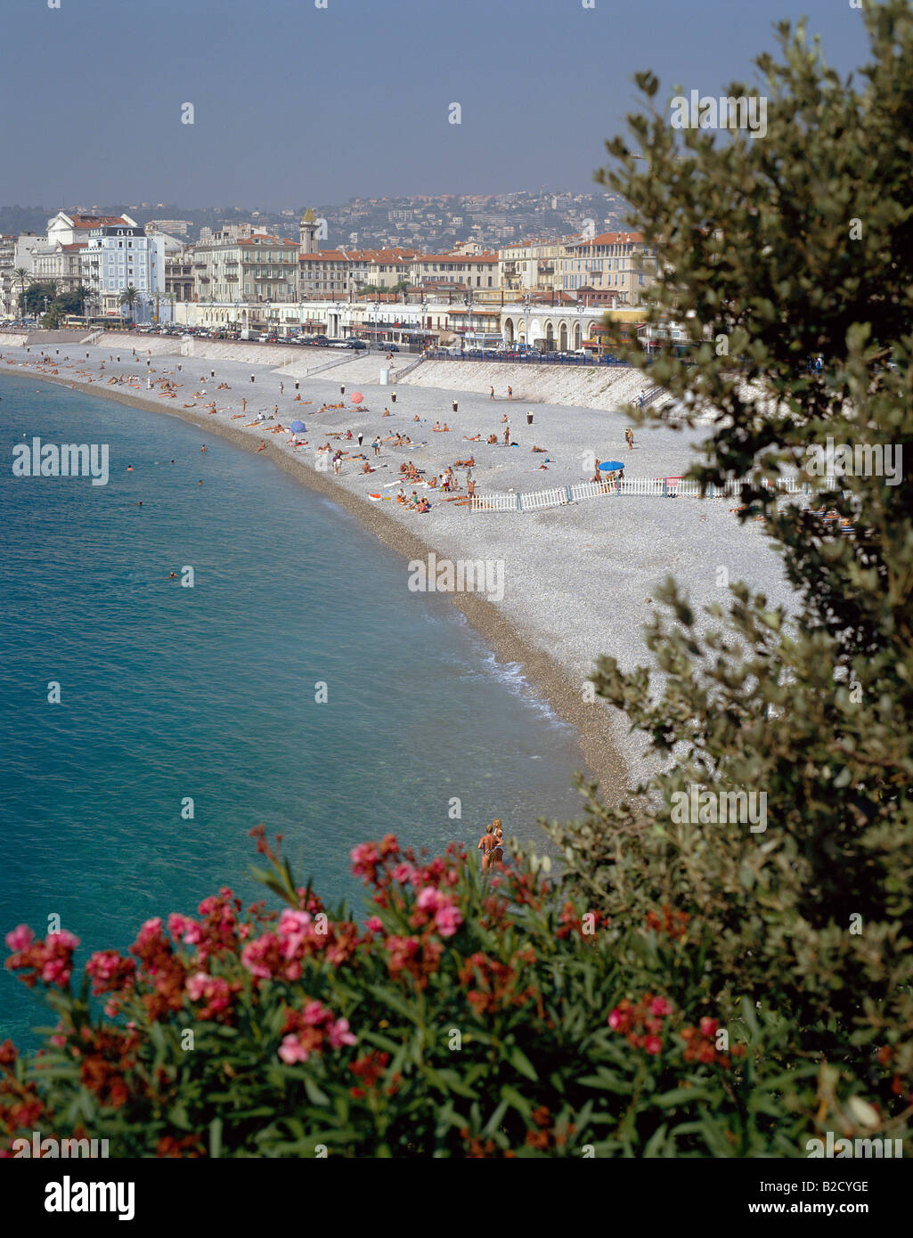 View over beach to town France, Cote d’Azur Stock Photo
