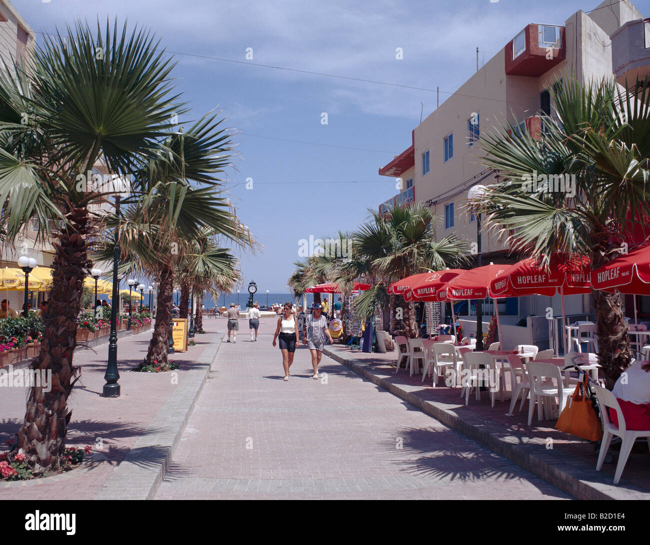 Street Scene with Pavement Cafes Maltese Islands, Malta Stock Photo