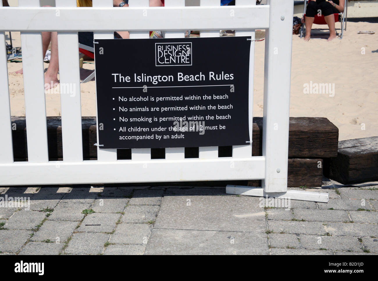 Rules for 'beach' created in Islington, London during heatwave Stock Photo