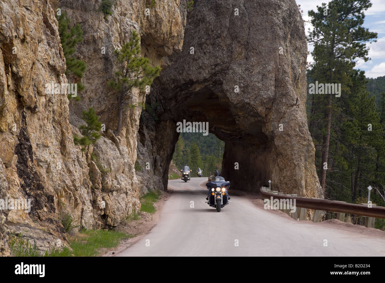 motorcycles on the Peter Norbeck Scenic Byway, Custer State Park, Black Hills, South Dakota Stock Photo