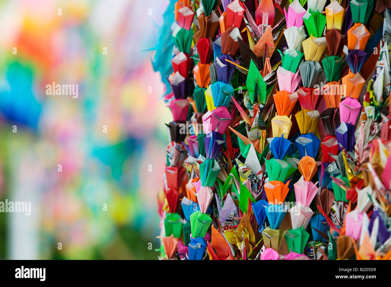Japan, Hiroshima, Peace Memorial Park, colorful paper cranes, close-up Stock Photo