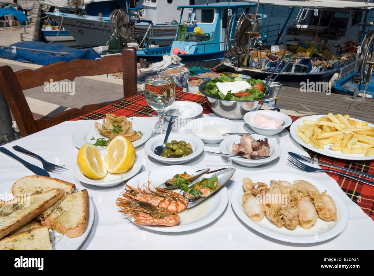 Seafood Meze at harbourside restaurant Cyprus, South Stock Photo