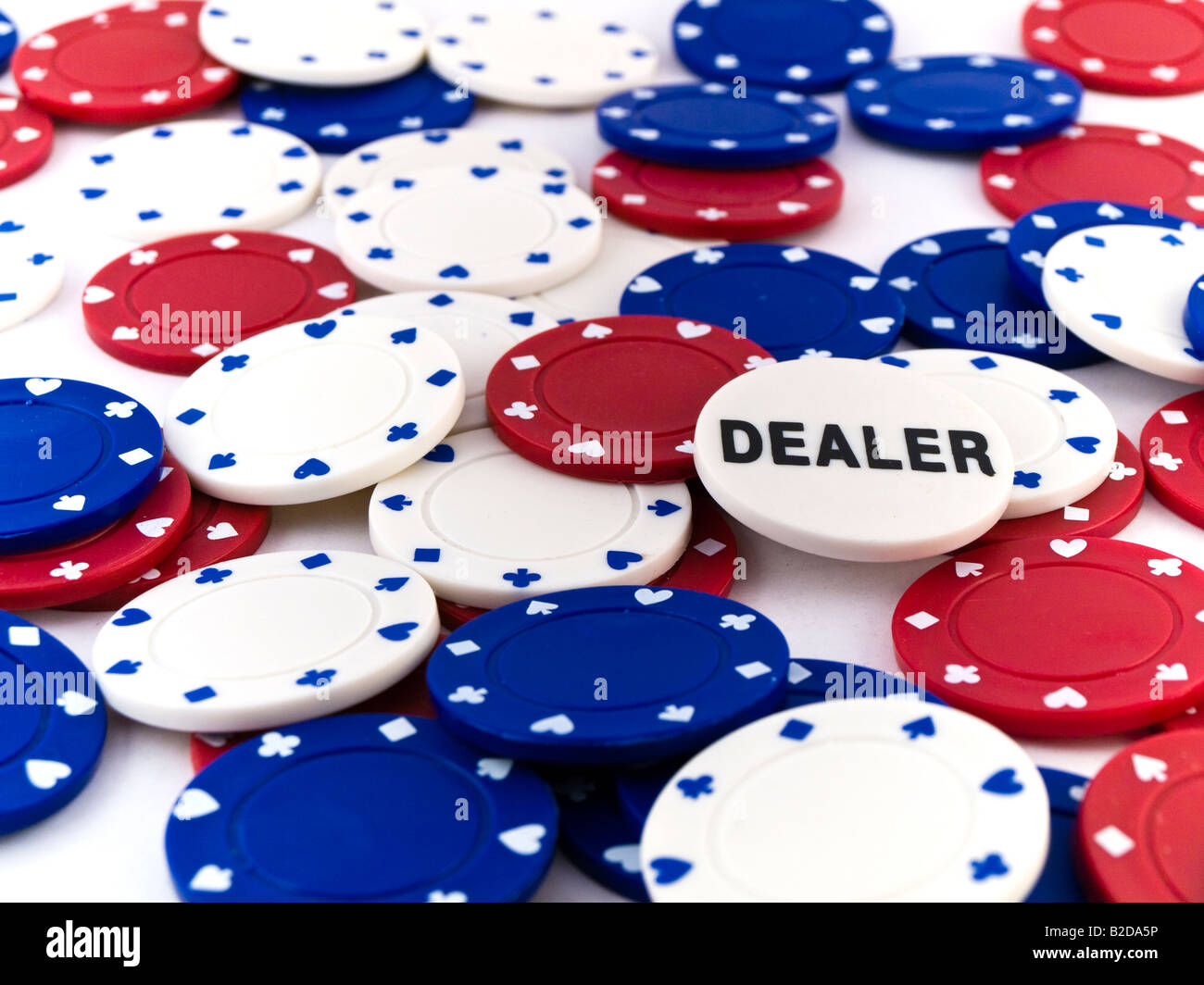 Red White and Blue Poker Chips and Dealer on White Background Stock