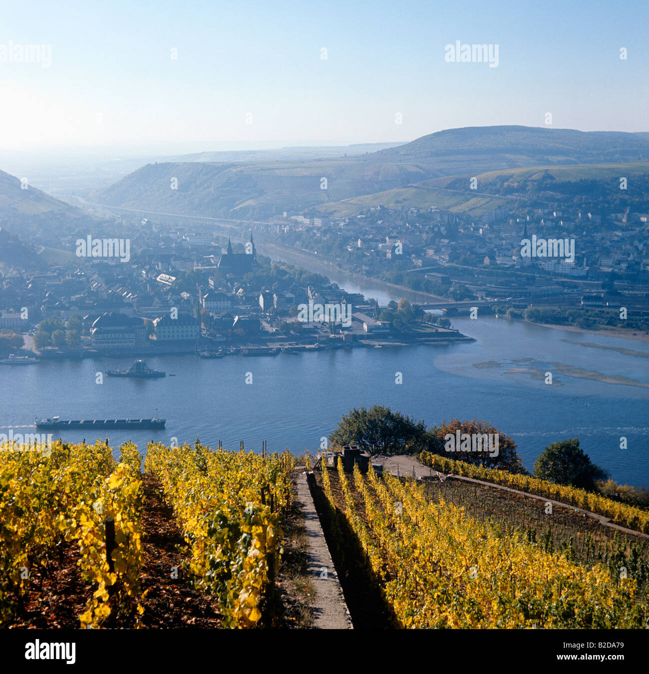 Bingen historic river port where the river Nahe joins the Rhein river View from Ehrenfels vineyards looking East Stock Photo