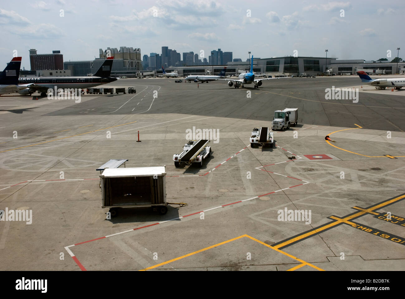 Boston skyline as seen from Logan International Airport Boston MA Stock Photo