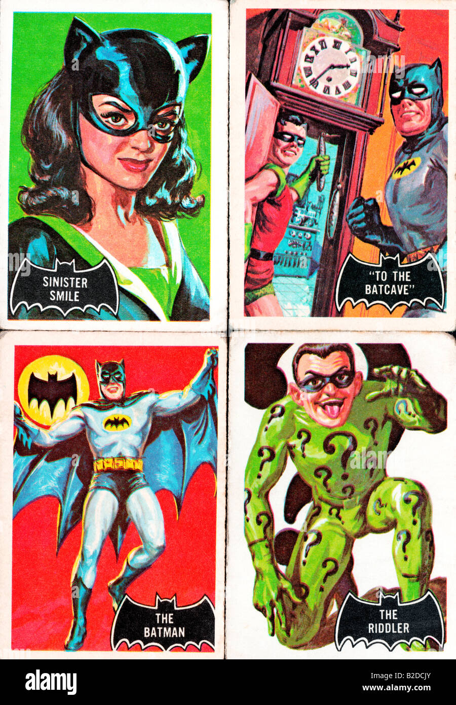 Bubble gum trading cards from the 1966 Batman Trading Card set known as the Black Bat Series or Orange Backs Stock Photo