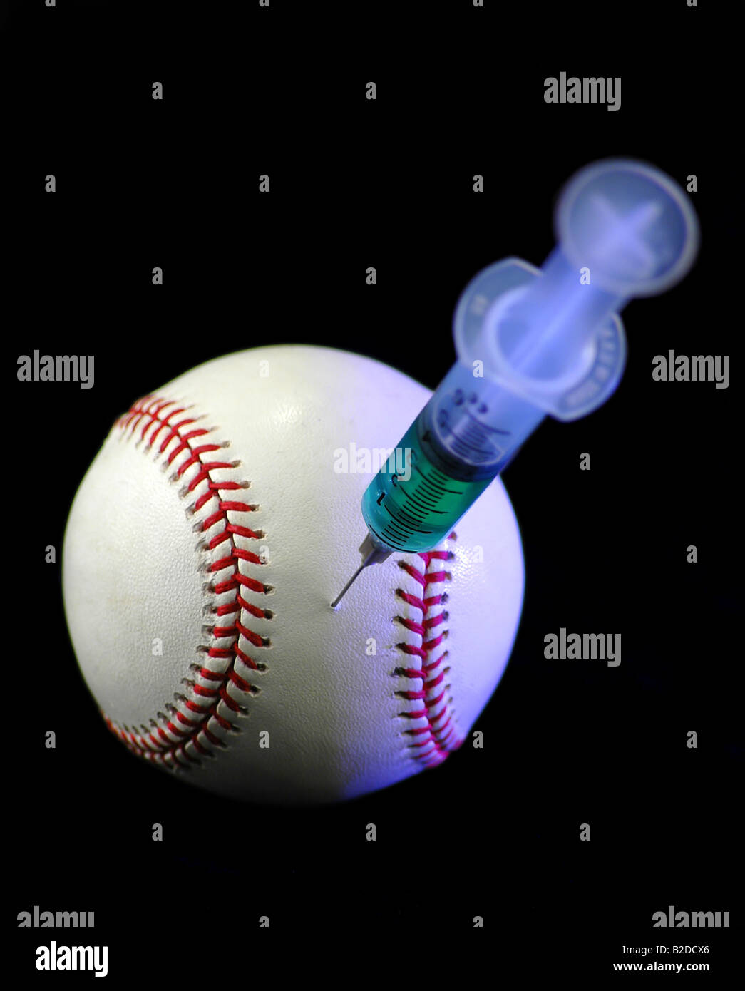 Baseball and syringe symbolize the illegal use of performance enhancing