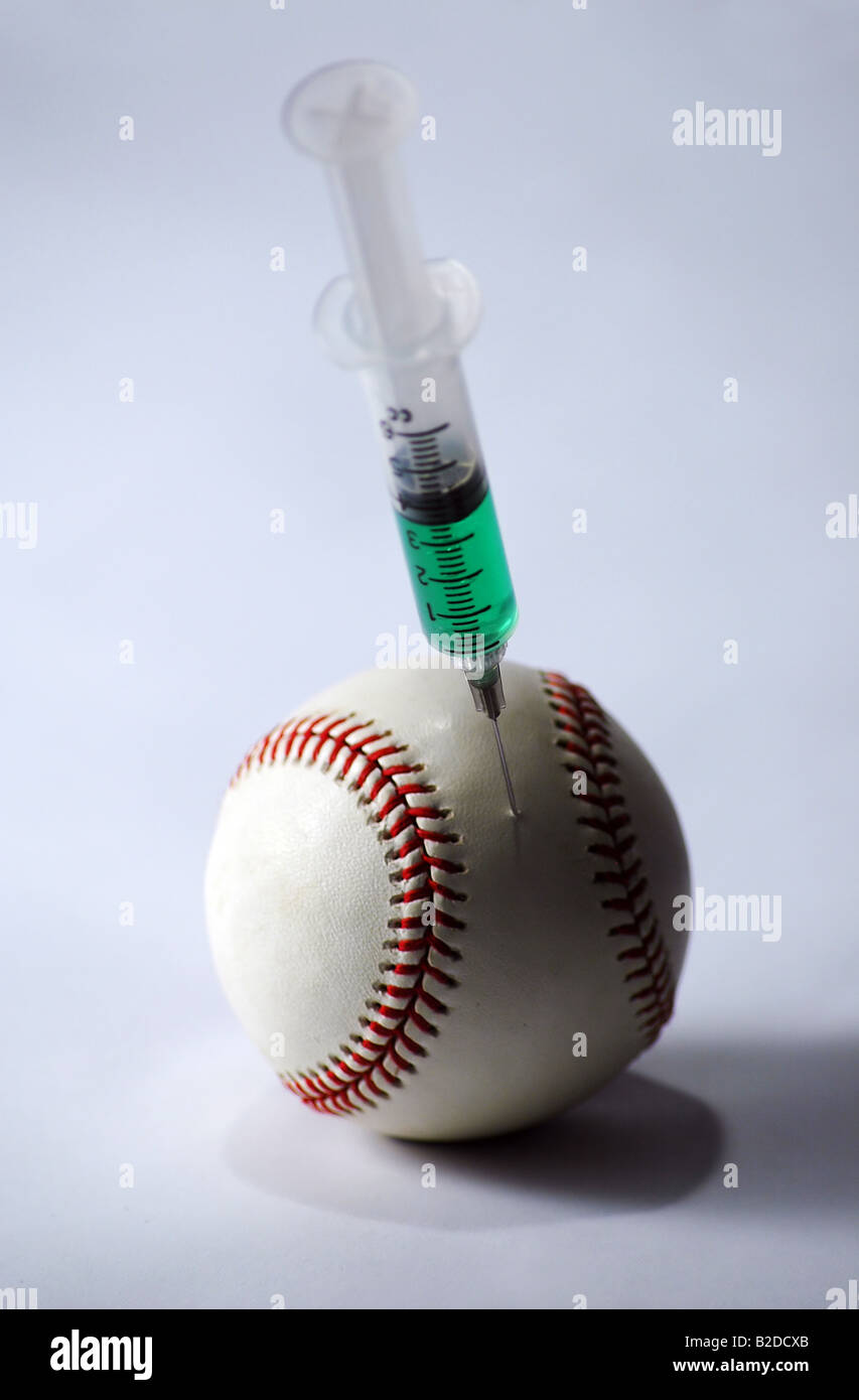 Baseball and syringe symbolize the illegal use of performance enhancing