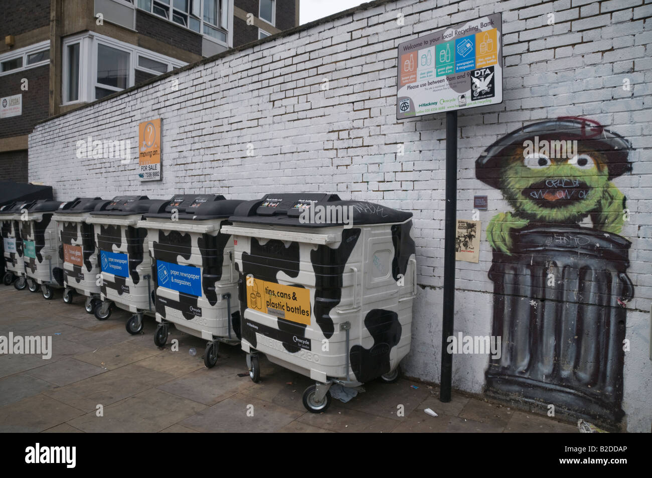 Recycling bins on London street with suitable graffiti in Shoreditch ...