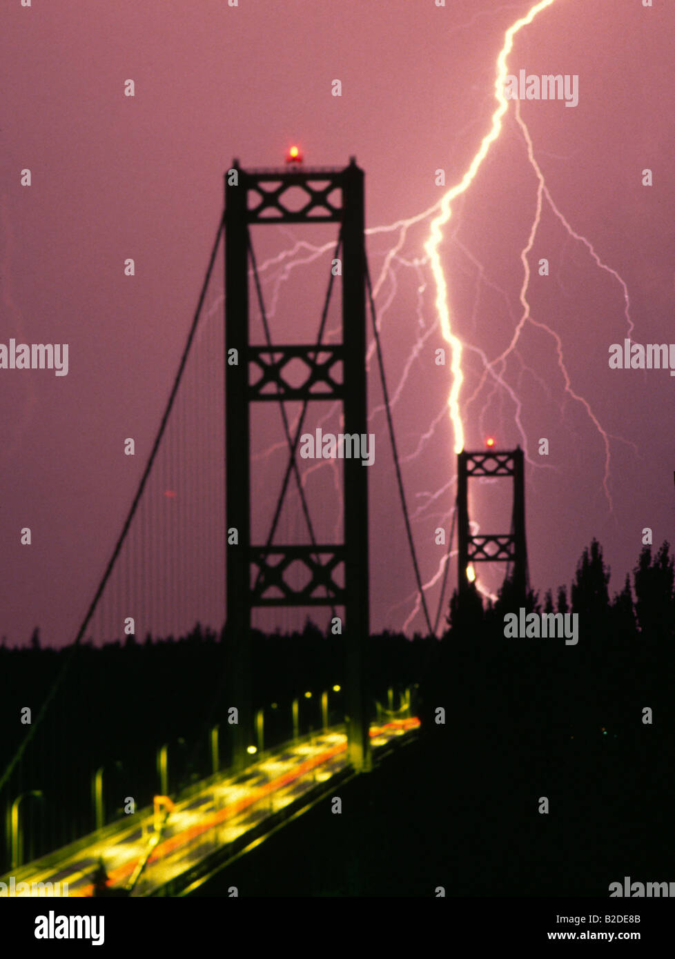 Tacoma Narrows Bridge DOT Washington State in a Lightning Storm Electrical Thunderstorm Storms Stock Photo