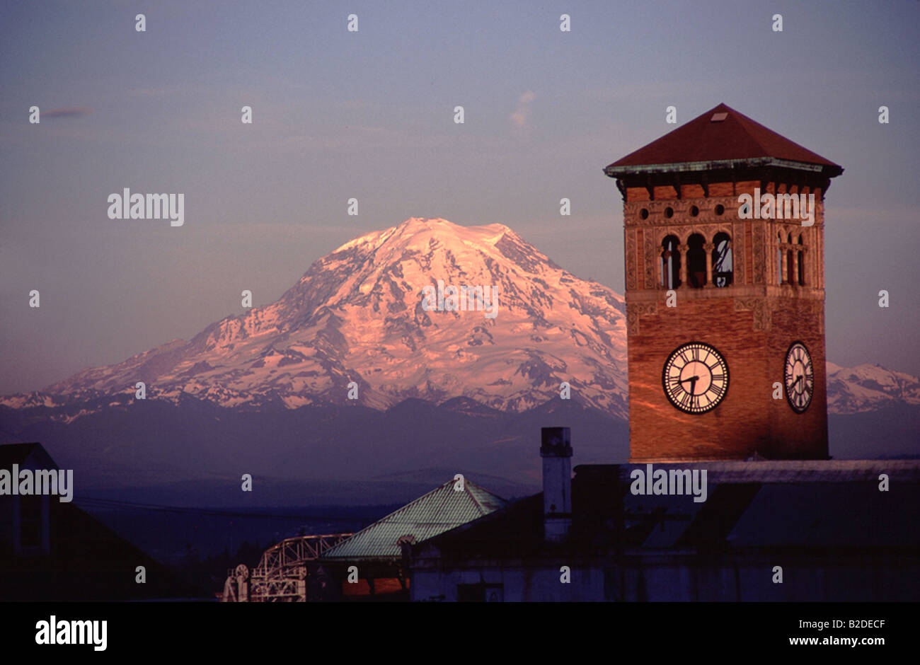 Rainier Clocktower Mt. Rainier and a Historic Building in Tacoma Washington Old City Hall Stock Photo