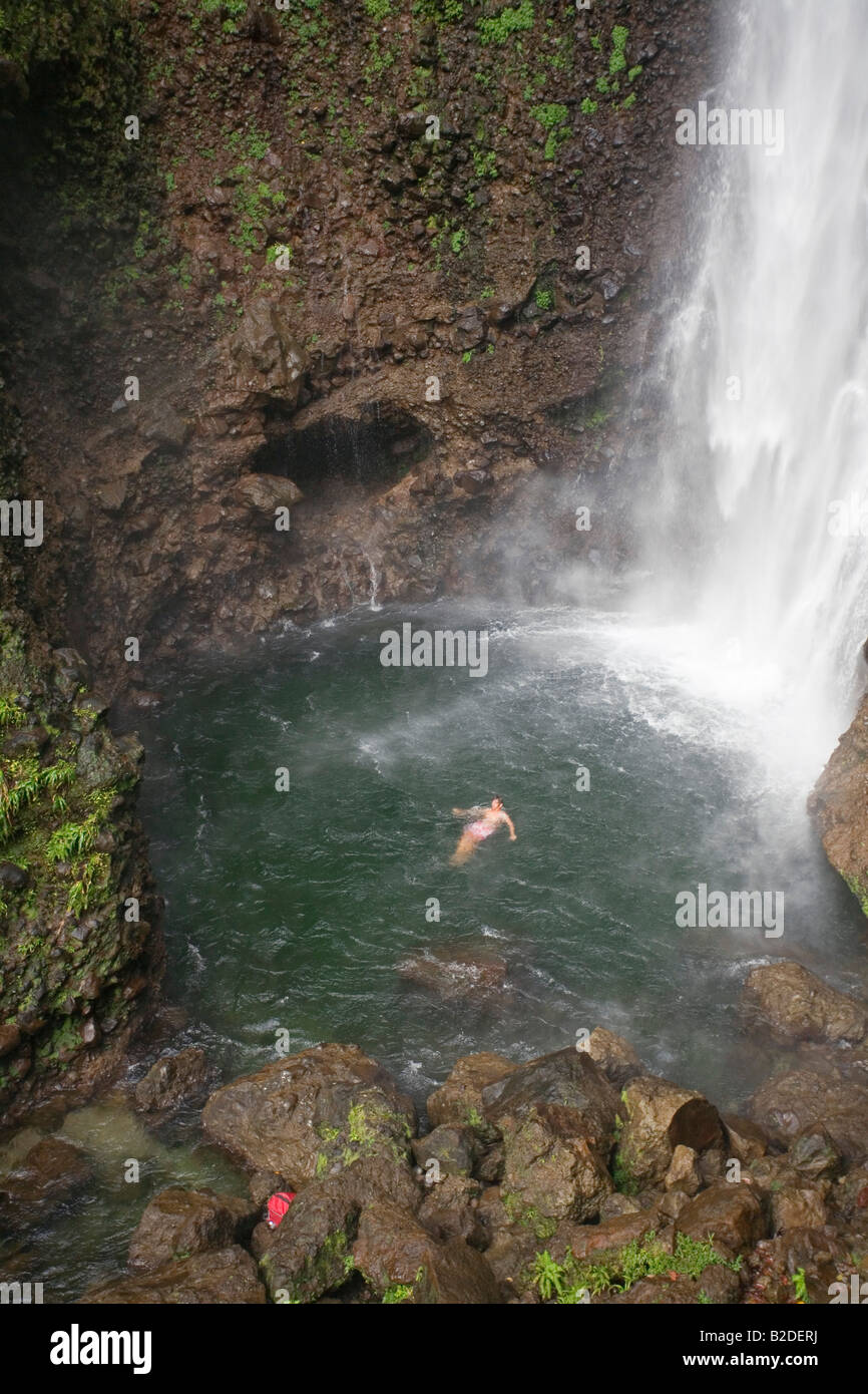 Swimming at the base of Middleham Falls Dominica Eastern Caribbean West Indies The falls are 100 feet Stock Photo