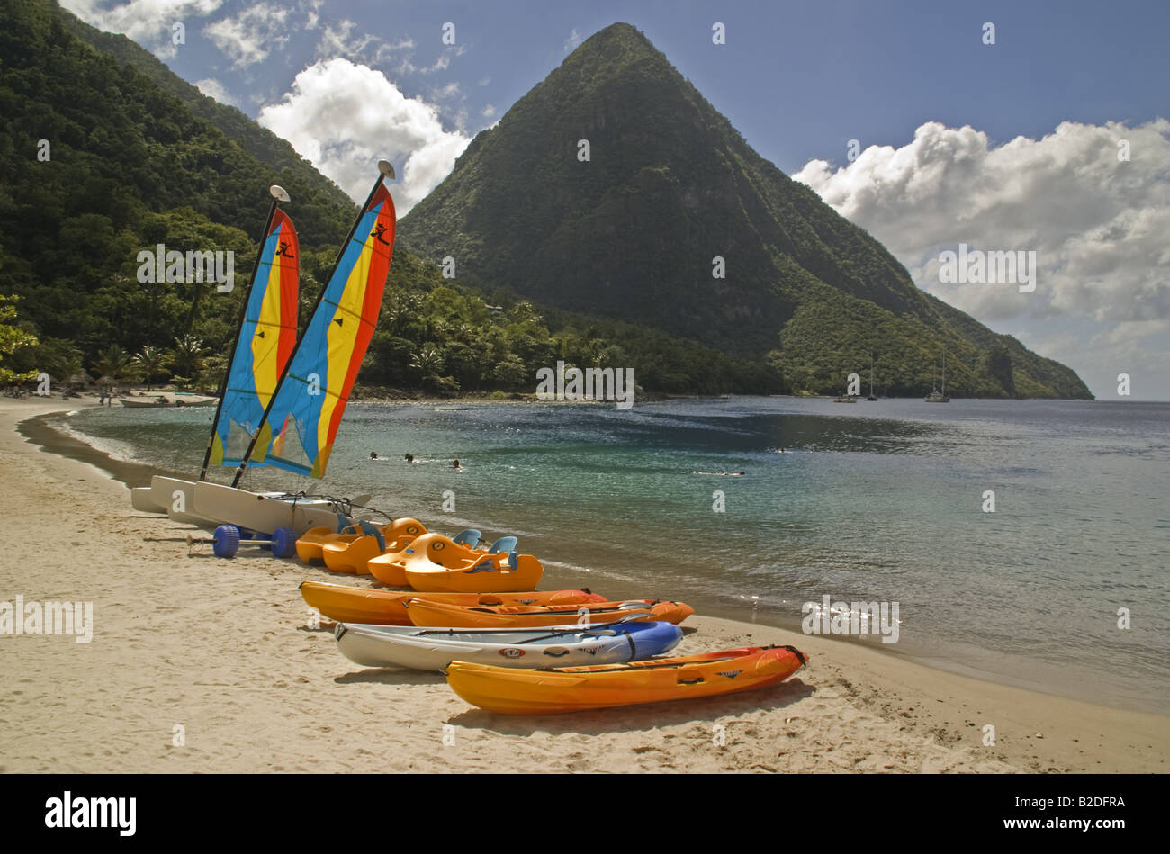 St Lucia's Gros Piton volcanic plug towering over Piton Bay and beach