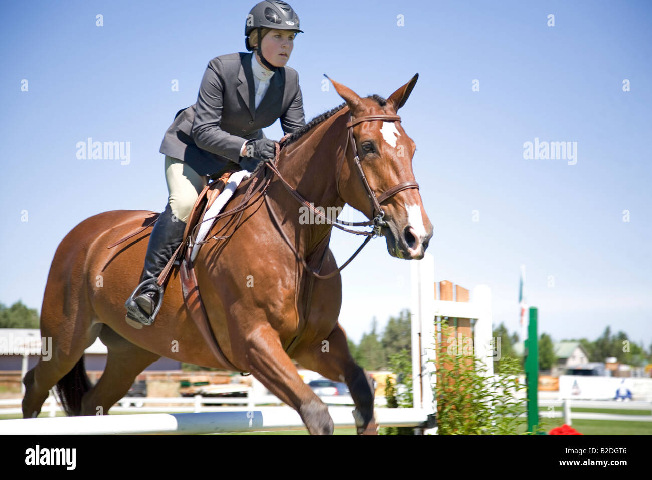 A rider takes a jump in the hunter jumper competition at the High