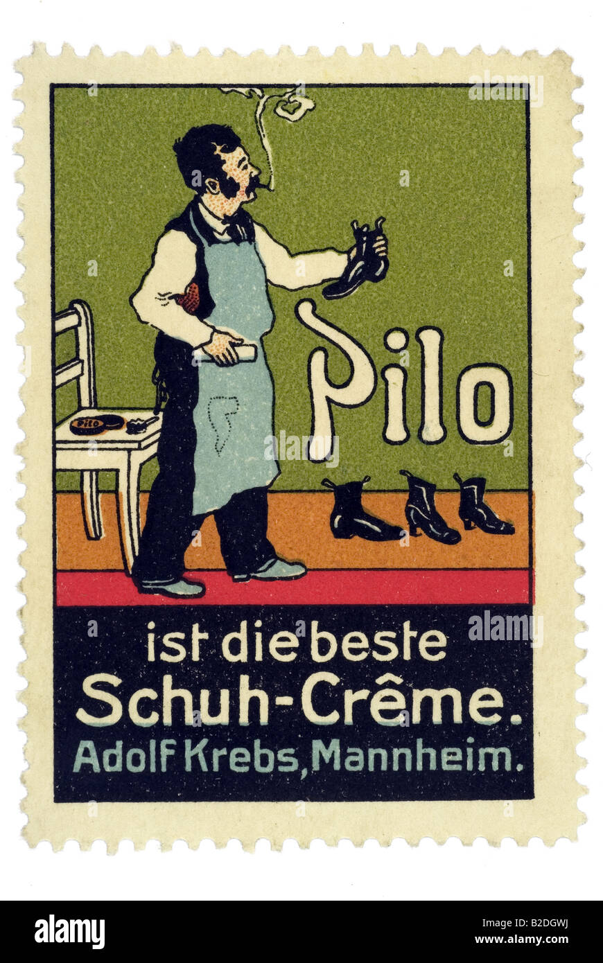 trading stamp Pilo ist die beste Schuh Creme Alfred Krebs Mannheim Schürze Stiefel Stock Photo