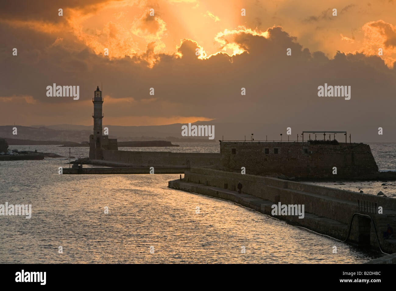 Chania, Crete, Greece, harbor, old town, lighthouse, sunset Stock Photo