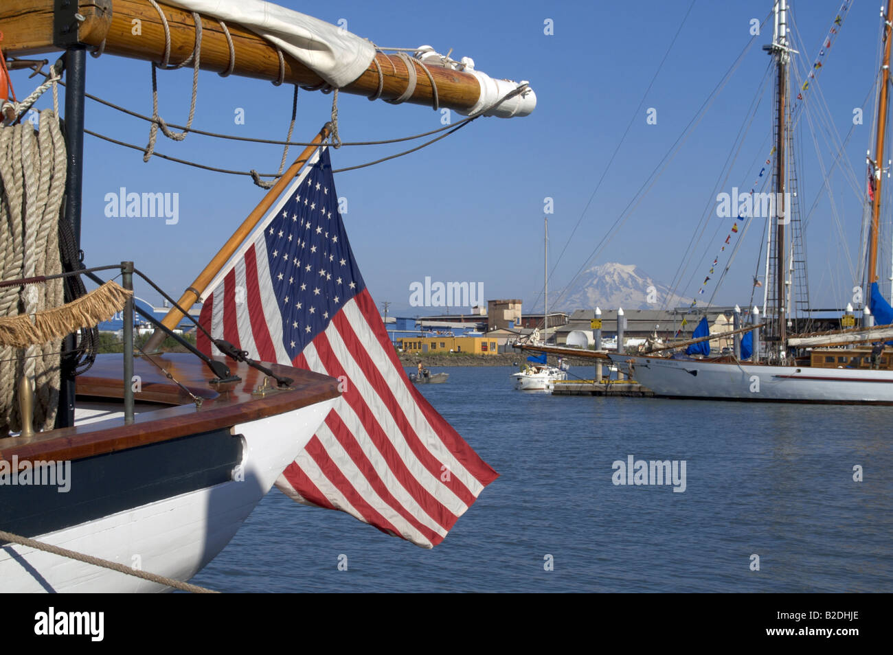 United States Flag and Mt. Rainier Tacoma Washington Stock Photo