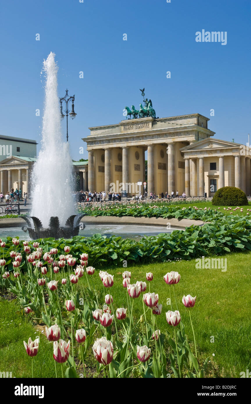 Brandenburg gate Pariser Platz with fountains gardens and tulips Berlin city Germany EU Europe Stock Photo