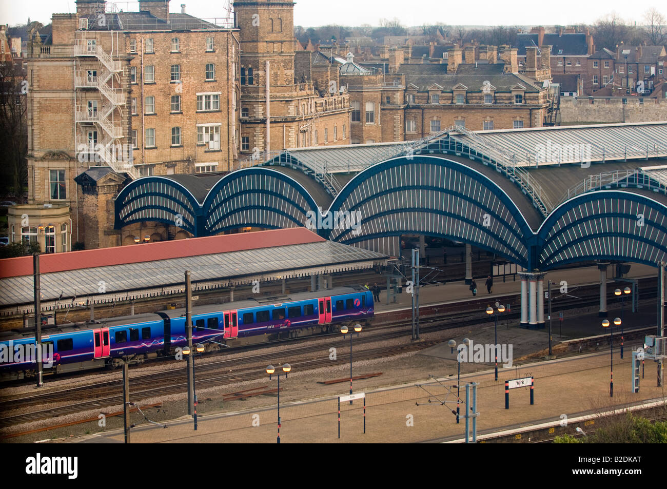 Elevated view of the platforms of York station with their curved roofs. York. UK Stock Photo
